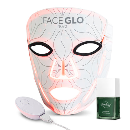 The Rio FaceGLO with Photology Chlorophyll Light Masque features a white mask with red light, a green photonology bottle, and a white corded remote, showcasing its advanced treatment wavelengths.