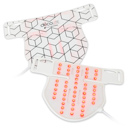Front and rear of the decoLITE LED light treatment soft-fit mask with LED red lights shining.