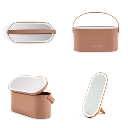 The Rio Lush Box Vanity Case is shown in a 2x2 grid with top, front, open, and standing mirror views—brown, rectangular, with labeled lid, handle, and removable mirror—making it an ideal travel companion.