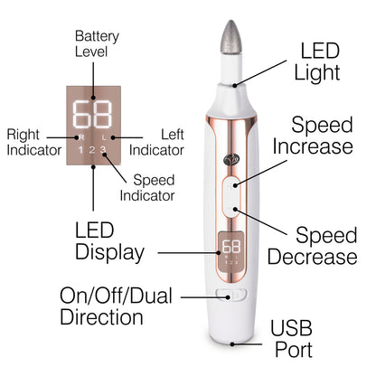 The Rio Precision Pro Electric Nail File offers professional nail care at home, with an LED display showing battery and speed, right/left direction indicators, speed controls, LED tip light, on/off/dual direction button, and USB port.