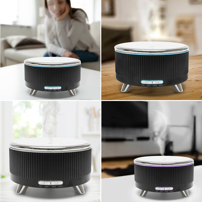 Four-panel collage of the Rio SONAS Aroma Diffuser, Humidifier & Night-Light: a woman smiles by the misting device in one panel, with close-up views of its round black design and glowing mood light in the others.