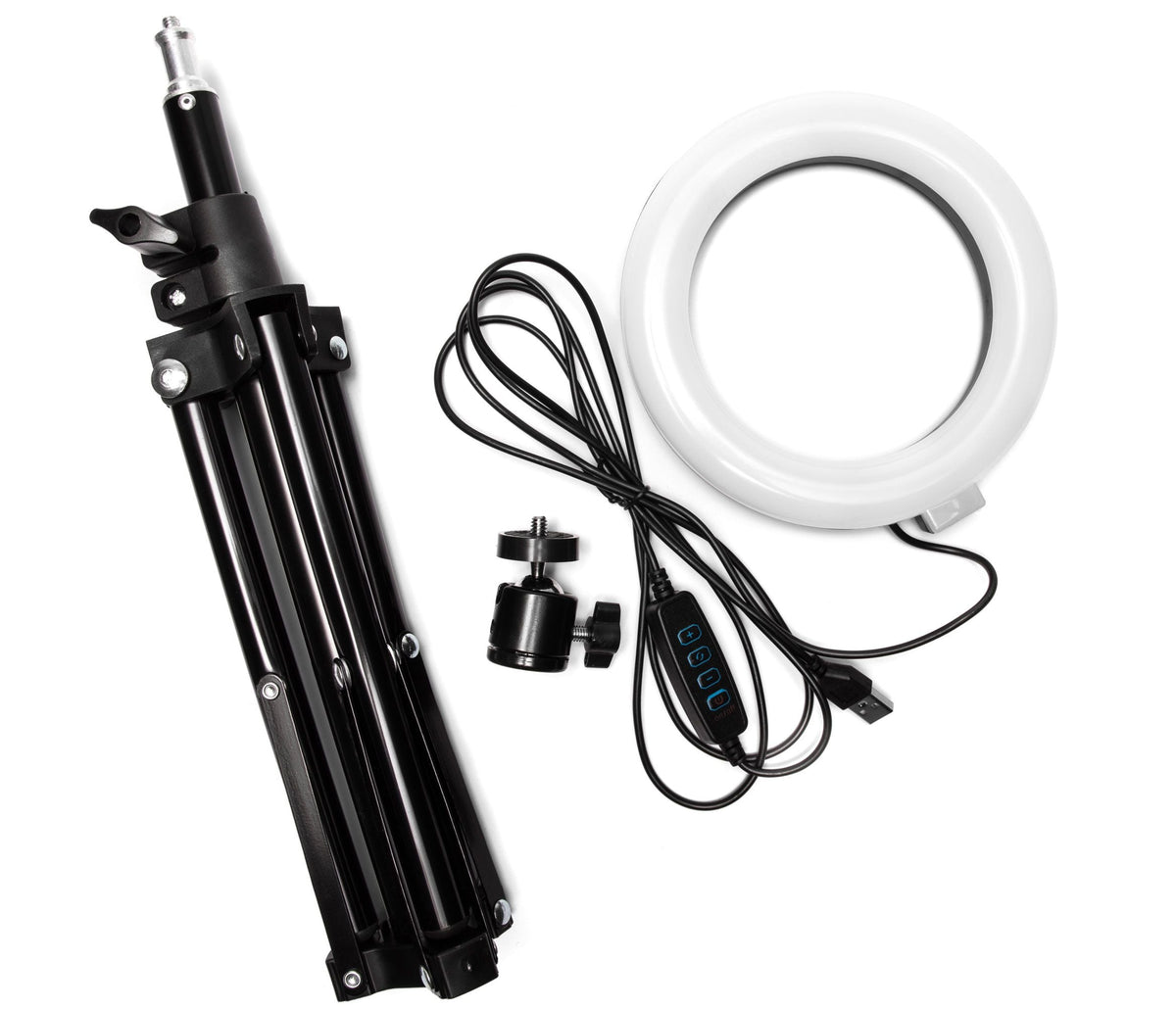 The Rio Makeup Perfector LED Ring Light includes a black tripod, circular white ring light, ball head mount, and USB cable with in-line controls—perfect for flawless makeup application in any lighting.