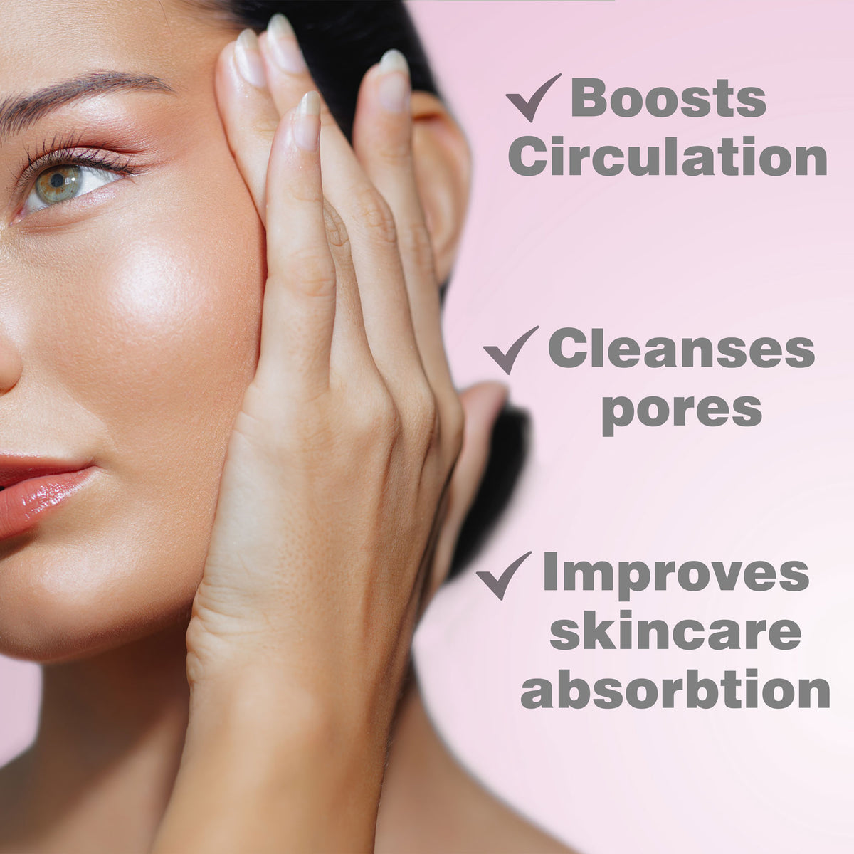 A woman with glowing skin gently touches her cheek. Text highlights benefits of the Rio Facial Sauna Skincare with Steam Inhaler - pink: boosts circulation, cleanses pores, and improves skincare absorption. Pink background.