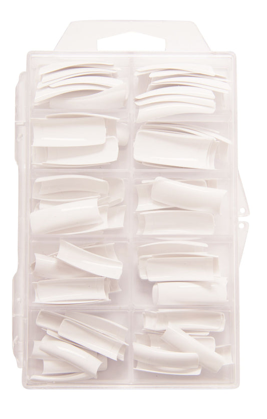 The Rio 100 White Nail Tips set comes in a plastic organizer box with multiple compartments, keeping nail tips in 10 different sizes neatly arranged for convenient selection.