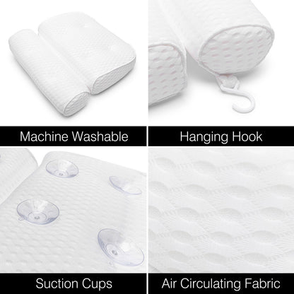 Collage of the Rio Luxury Bath Spa Pillow in four panels, highlighting its machine washability, handy hanging hook, secure suction cups on the back, and close-up of its breathable textured fabric.