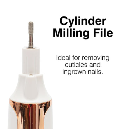 A close-up of the Rio Precision Pro Electric Nail File with a white and rose gold body and cylindrical metal tip. Ideal for precision nail care, removing cuticles and ingrown nails. Text reads: Cylinder Milling File.