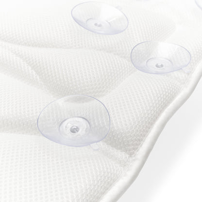 Close-up of the Rio Luxury Bath Mat & Pillow in white, featuring three clear suction cups for secure grip, shown on a white surface.