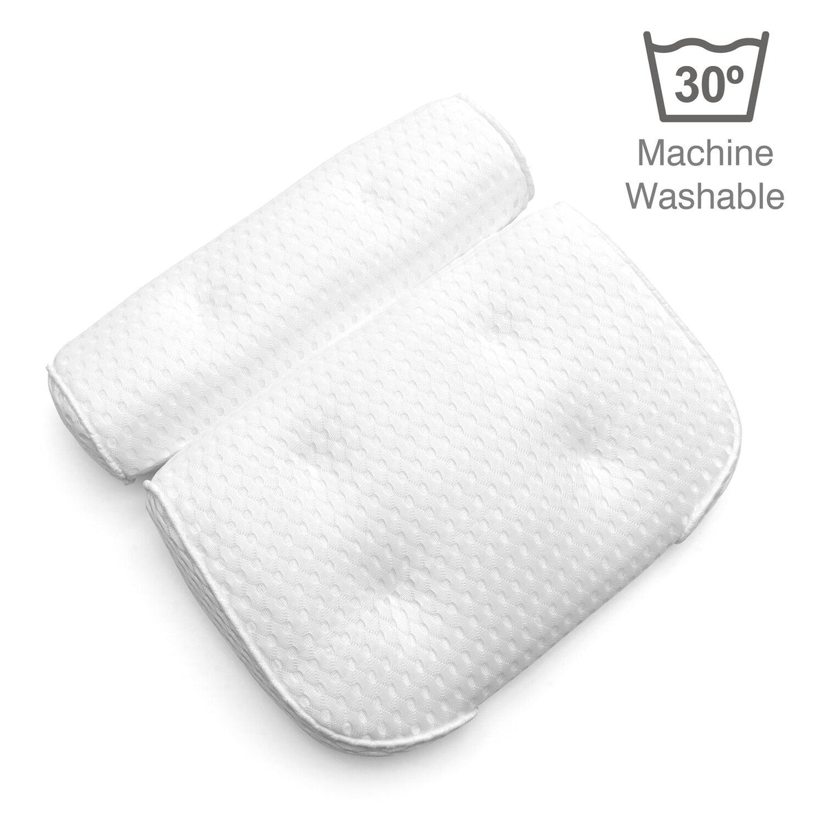 Two white, textured, rectangular Rio Luxury Bath Spa Pillows are shown alongside a symbol indicating they are machine washable at 30°C.