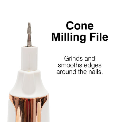 The Rio Precision Pro Electric Nail File features a cone-shaped milling file, perfect for grinding and smoothing nail edges for precise nail care.