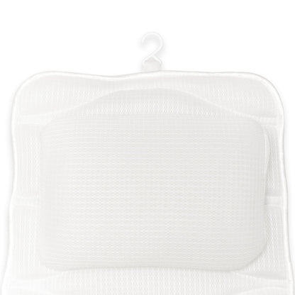 The Rio Luxury Bath Mat & Pillow features a white mesh pillow with a hanging hook, rectangular shape, and textured surface for comfort and quick drying—perfect for relaxing soaks. Displayed on a white background.