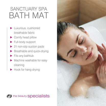 A woman relaxes in the tub with her head on a plush pillow. Text highlights Rio Luxury Bath Mat & Pillow’s cushioning, full-body support, and easy machine washability. The Beauty Specialists logo appears below.