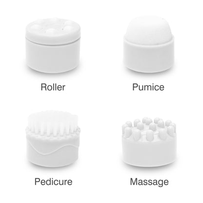 Four white interchangeable tool heads for the Rio Soothing Waves Foot Bath Spa & Massager—Roller, Pumice, Pedicure, and Massage—each with unique textures and shapes for a relaxing experience, displayed on a white background.