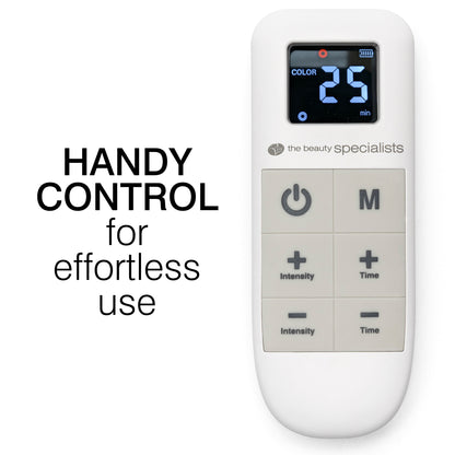 The Rio LED Face Mask features a white handheld remote by Rio with a digital display (COLOR 25 min) and buttons for intensity, time, and mode, providing handy control for easy anti-ageing LED light therapy routines.