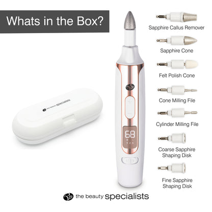 Whats in the Box? The Rio Precision Pro Electric Nail File, white and rose gold device, interchangeable heads (callus remover, cones, files, disks), white storage case, and labels for each attachment.