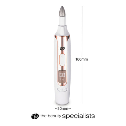 The Rio Precision Pro Electric Nail File in white and rose gold has a pointed tip, measures 160mm x 30mm, and features a digital display—ideal for precise nail care. Text below reads “the beauty specialists.”.