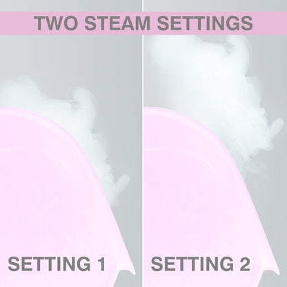 A split image of the Rio Facial Sauna Skincare with Steam Inhaler - pink displays TWO STEAM SETTINGS: SETTING 1 on the left releases less steam, while SETTING 2 on the right emits more.