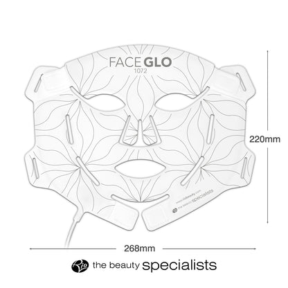 The Rio FaceGLO with Photology Chlorophyll Light Masque is a white mask featuring leaf patterns, facial cutouts, and attached wires. Measuring 268mm x 220mm, it delivers clinically effective light at treatment wavelengths for visible results.