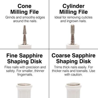 The Rio Precision Pro Electric Nail File features four tool heads: a cone milling file, cylinder milling file, fine sapphire shaping disk, and coarse sapphire shaping disk, each designed for specific precision nail care tasks.